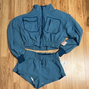 Free People Blue Checkered Cropped Jacket and Shorts Set